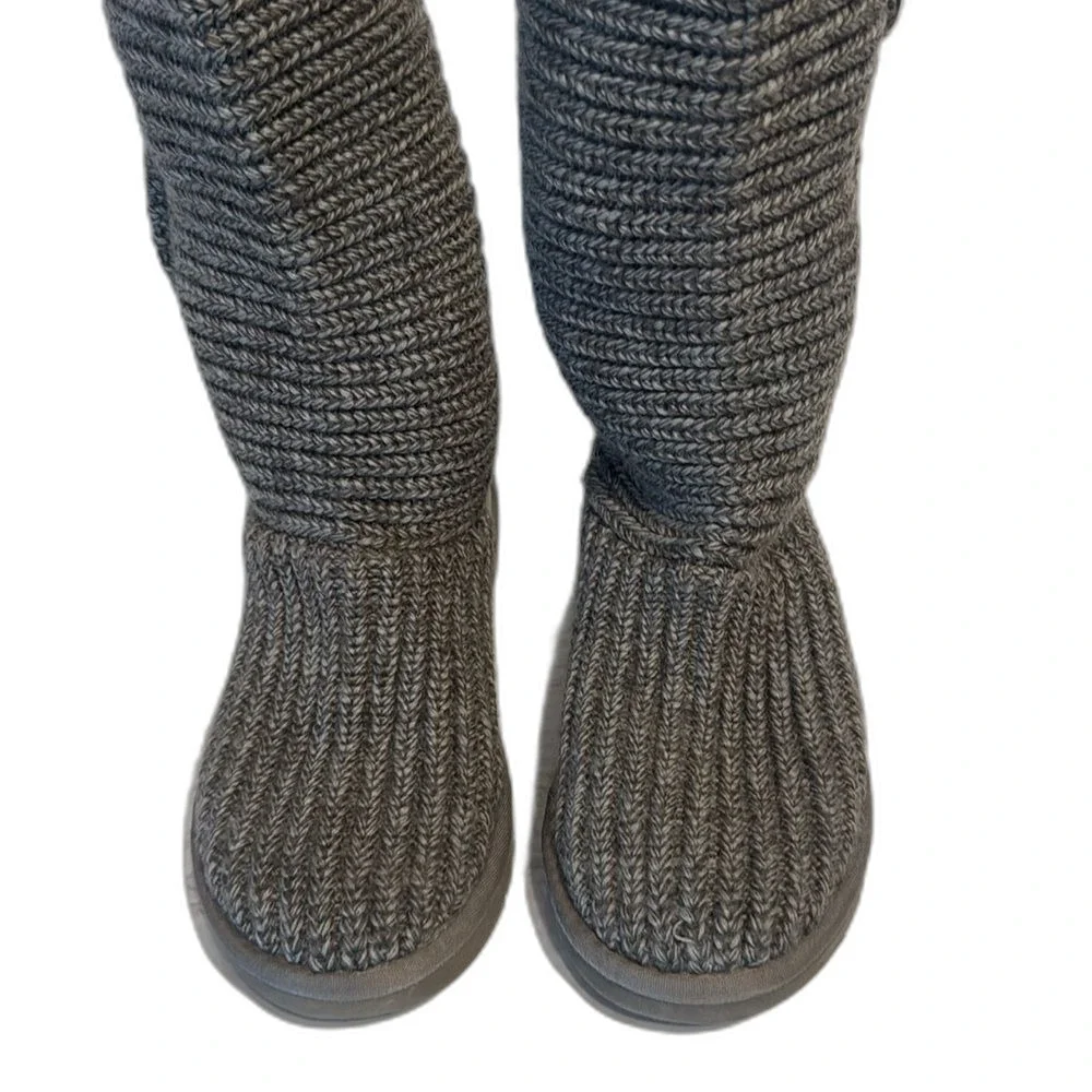 UGG Cardy 5649 Gray Sock Knit Tall Button Slipper Winter Boots Womens 6